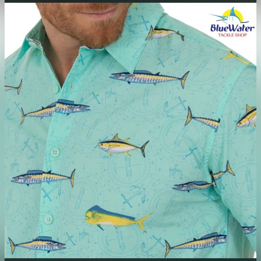 Guy Harvey Aqua Fish Print Button-Down Shirt